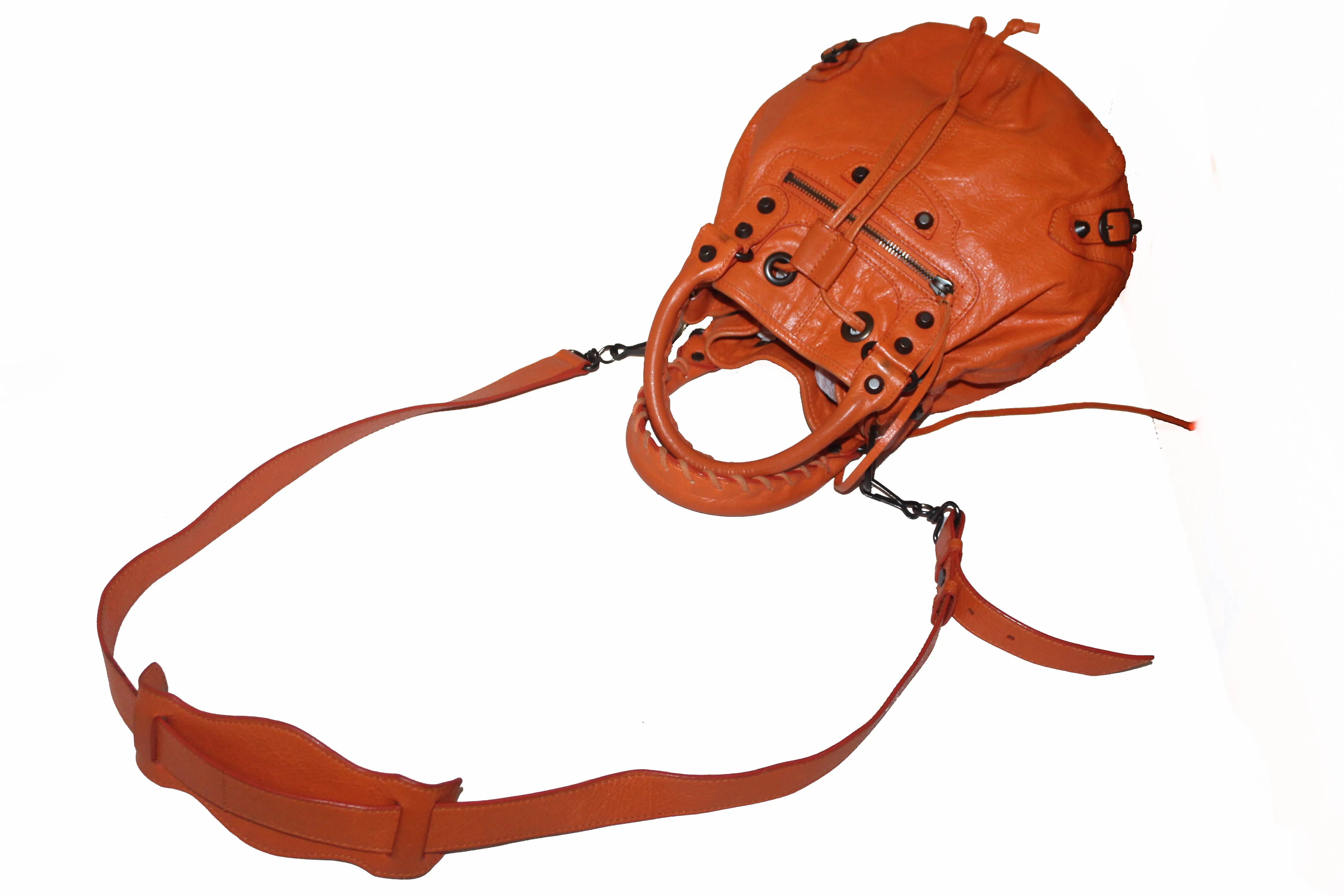 Authentic Balenciaga Orange Lambskin Leather Mini Pompon Bucket Crossbody