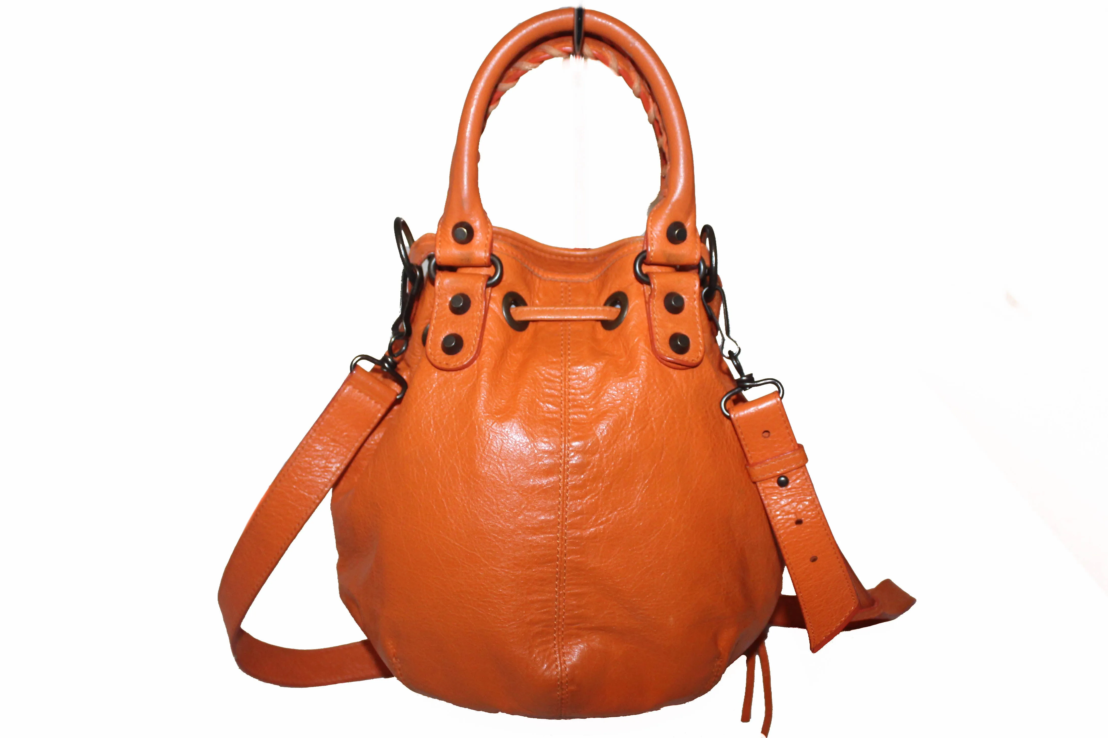 Authentic Balenciaga Orange Lambskin Leather Mini Pompon Bucket Crossbody