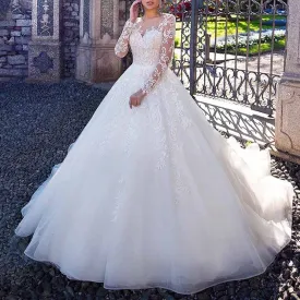 Ball Gown Bateau Full Long Sleeve Court Train Tulle Wedding Dress With Appliqued Lace