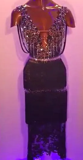 Beaded Fringe & Lace Open Back Rhythm / Latin Ballroom Dance Dress