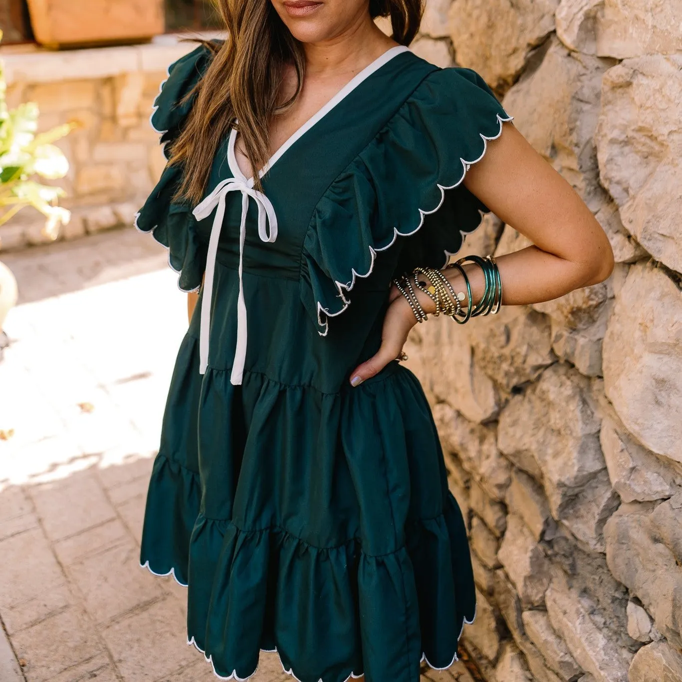 Belle in Bows V-Neckline Scalloped Bow Dress