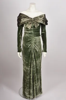 BELLEVILLE SASSOON GREEN VELVELT OFF THE SHOULDER GOWN