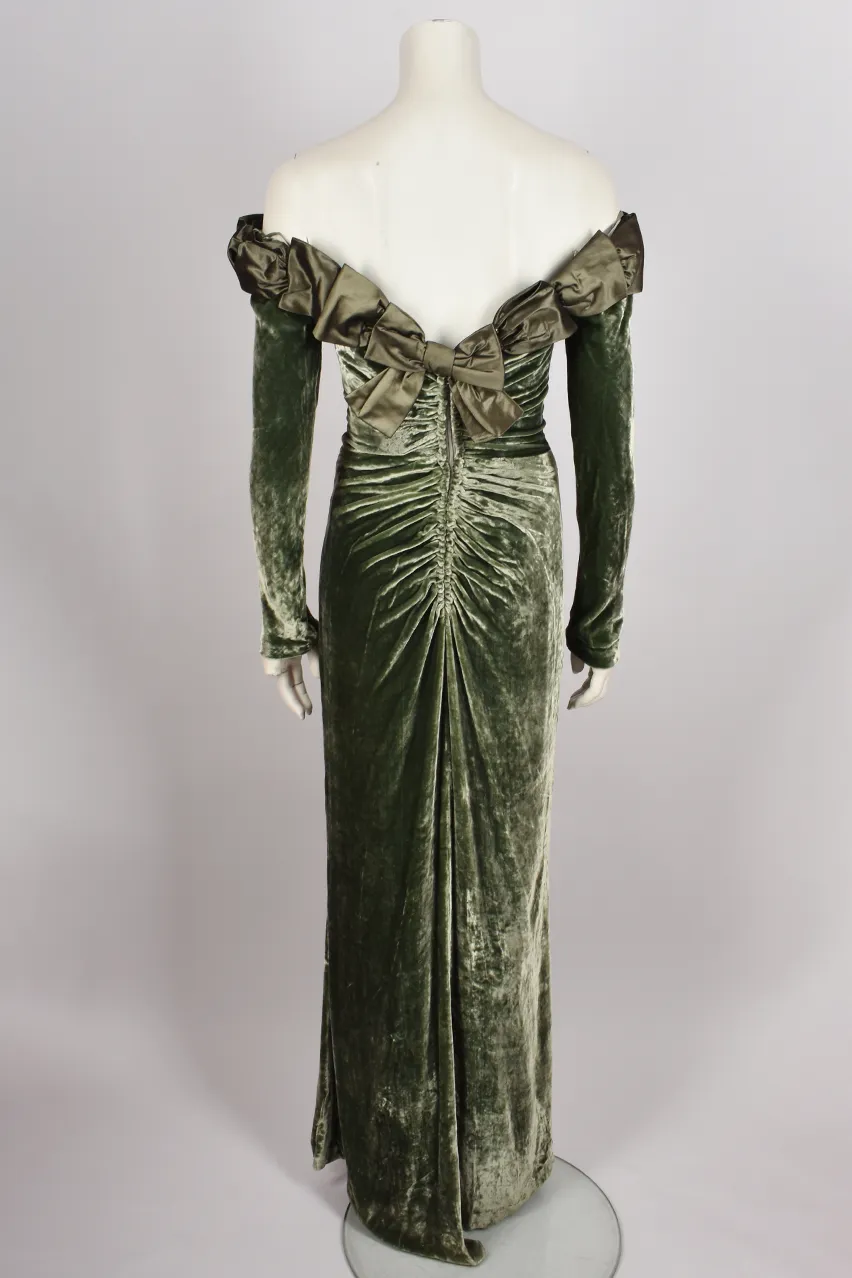 BELLEVILLE SASSOON GREEN VELVELT OFF THE SHOULDER GOWN