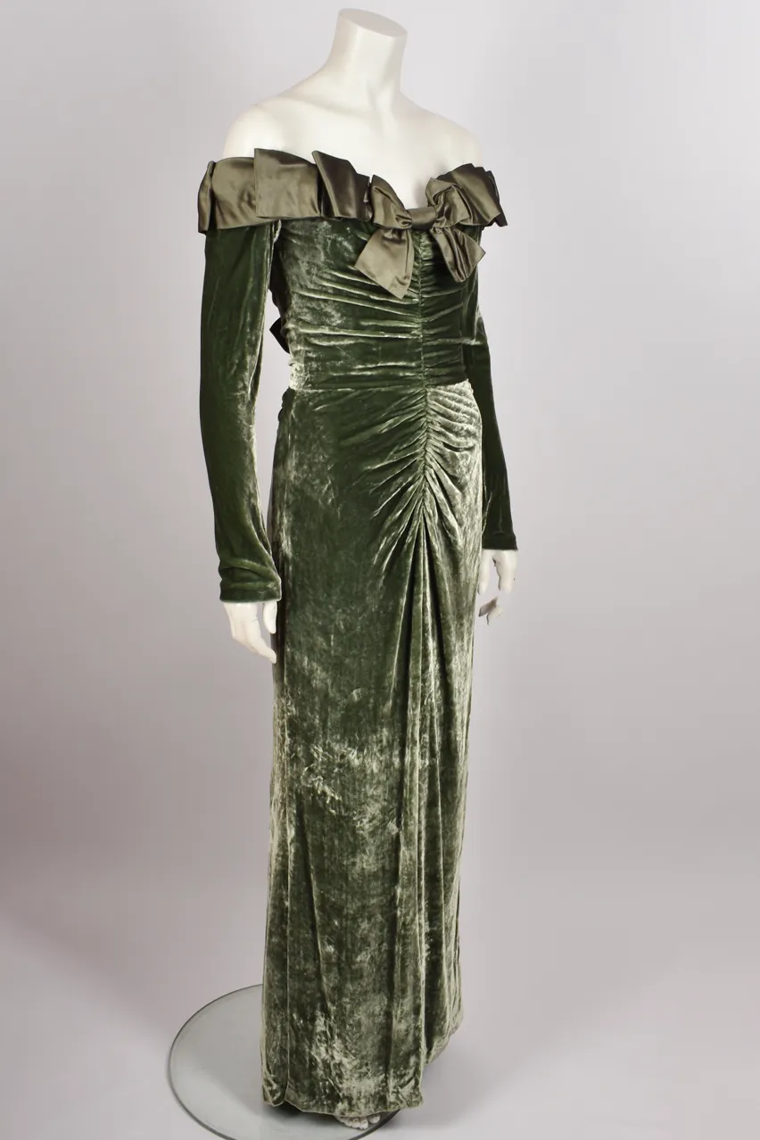 BELLEVILLE SASSOON GREEN VELVELT OFF THE SHOULDER GOWN