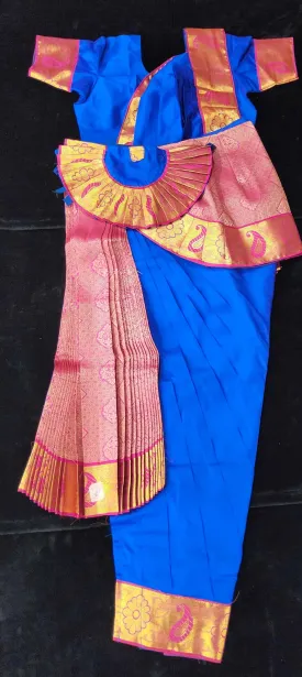 Bharatnatyam Dress | Ink Blue with Pink | Silk Cotton with Normal Border | Readymade Dance Costume