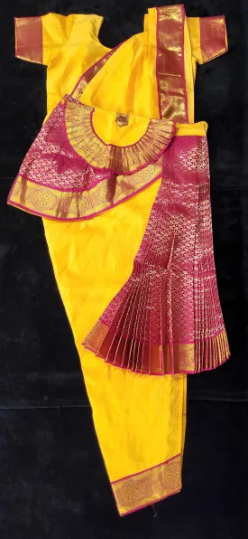 Bharatnatyam Dress | Mango Yellow with Pink | Silk Cotton with Normal Border | Readymade Dance Costume