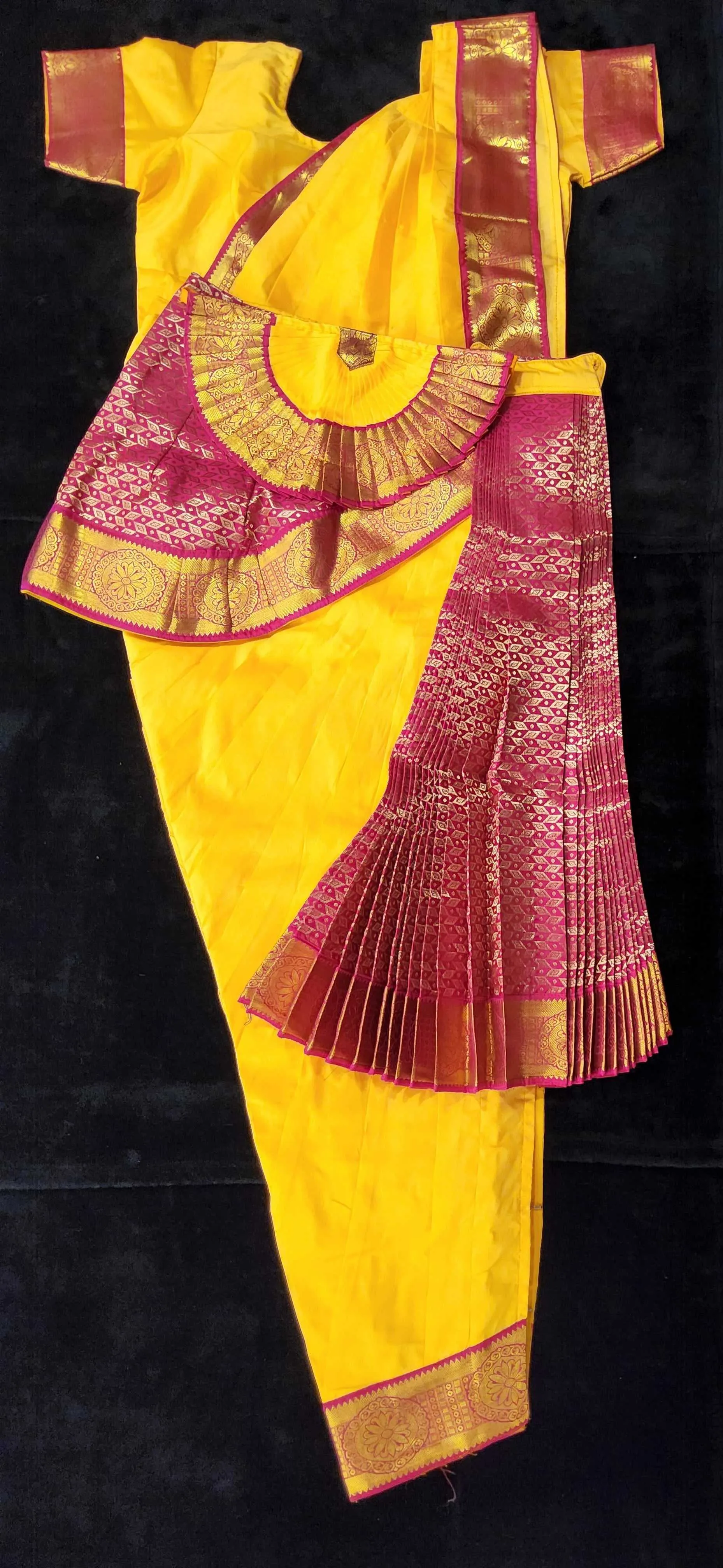 Bharatnatyam Dress | Mango Yellow with Pink | Silk Cotton with Normal Border | Readymade Dance Costume