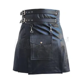 Black Leather Detachable Pocket Utility Fashion Kilt