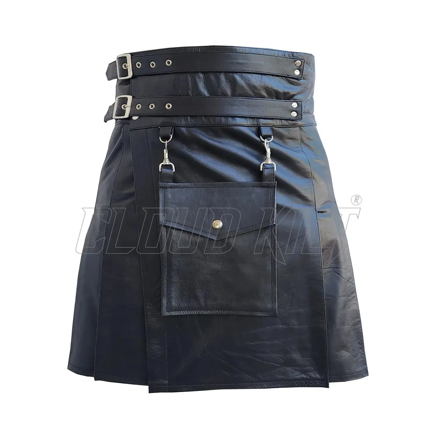 Black Leather Detachable Pocket Utility Fashion Kilt