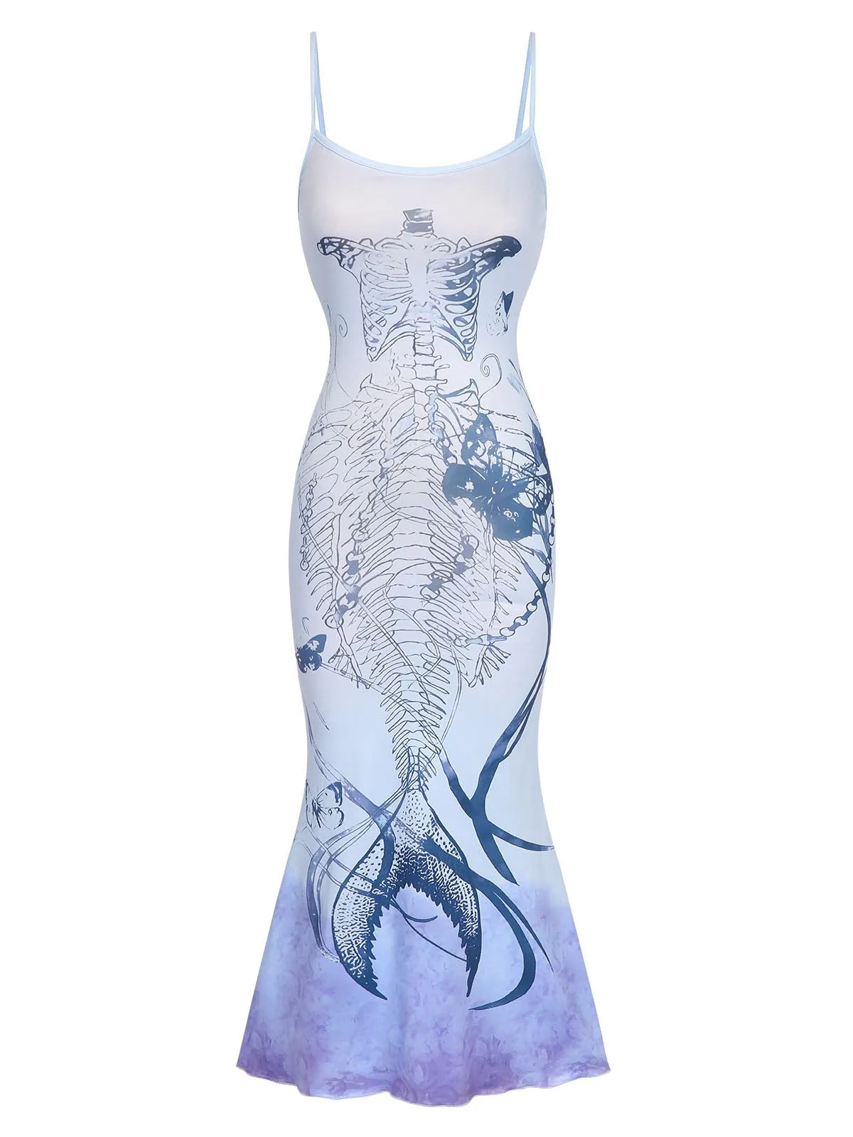 Blue 1930s Butterfly Mermaid Skeleton Fishtail Dress