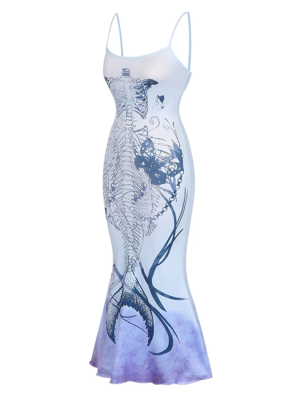Blue 1930s Butterfly Mermaid Skeleton Fishtail Dress