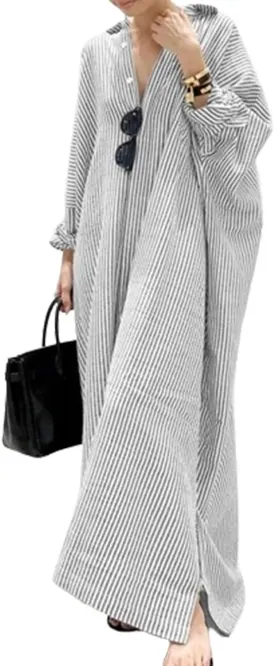 Button Down Shirt Dress for Womens Cotton Linen Long Sleeve Maxi Dress Striped Casual Loose Fit Dress with Pockets