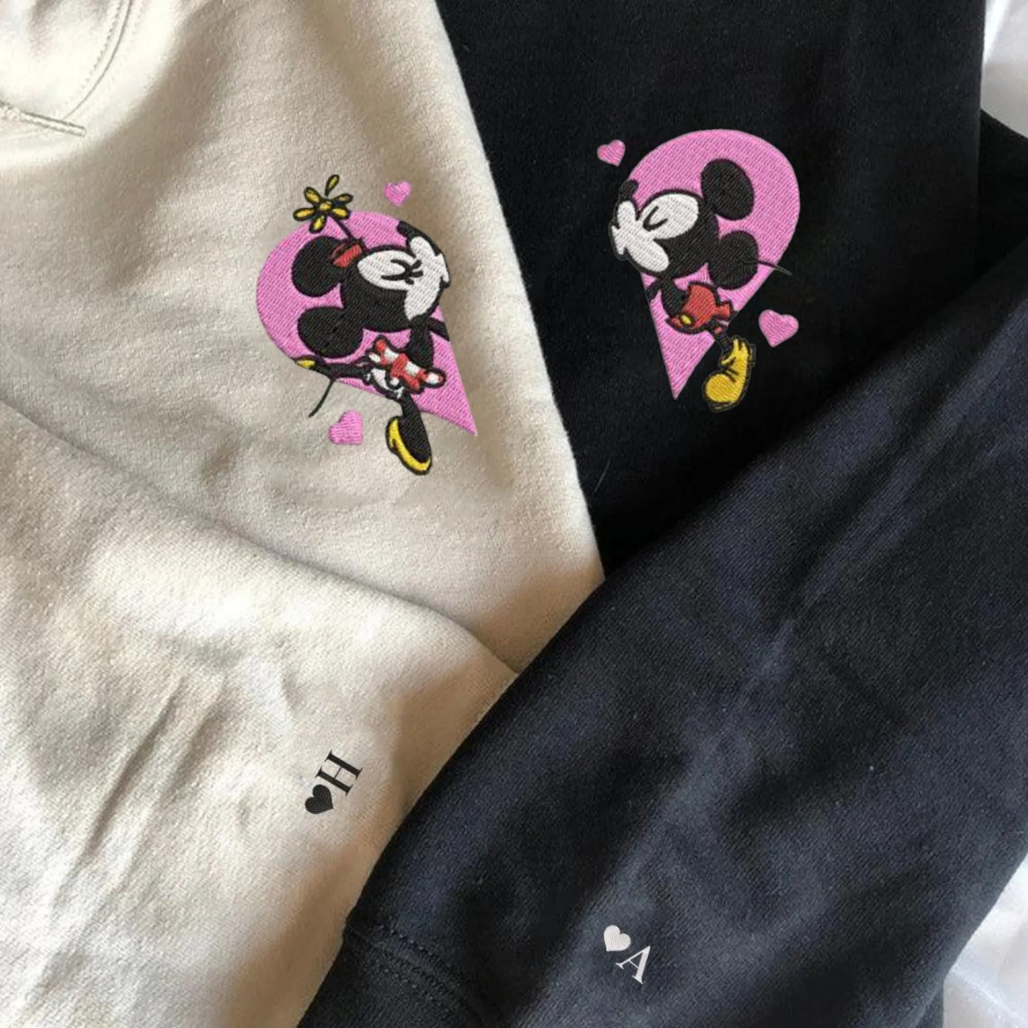 Cartoon Mouse Heart Couple Hoodies – Love Embroidery Matching Hoodies For Couple
