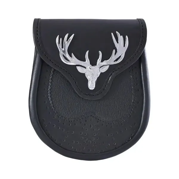 Chrome Stag Head Black Leather Sporran