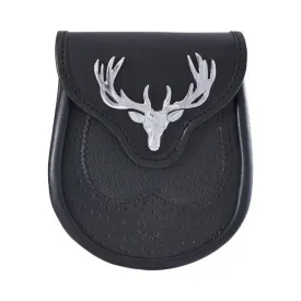 Chrome Stag Head Black Leather Sporran