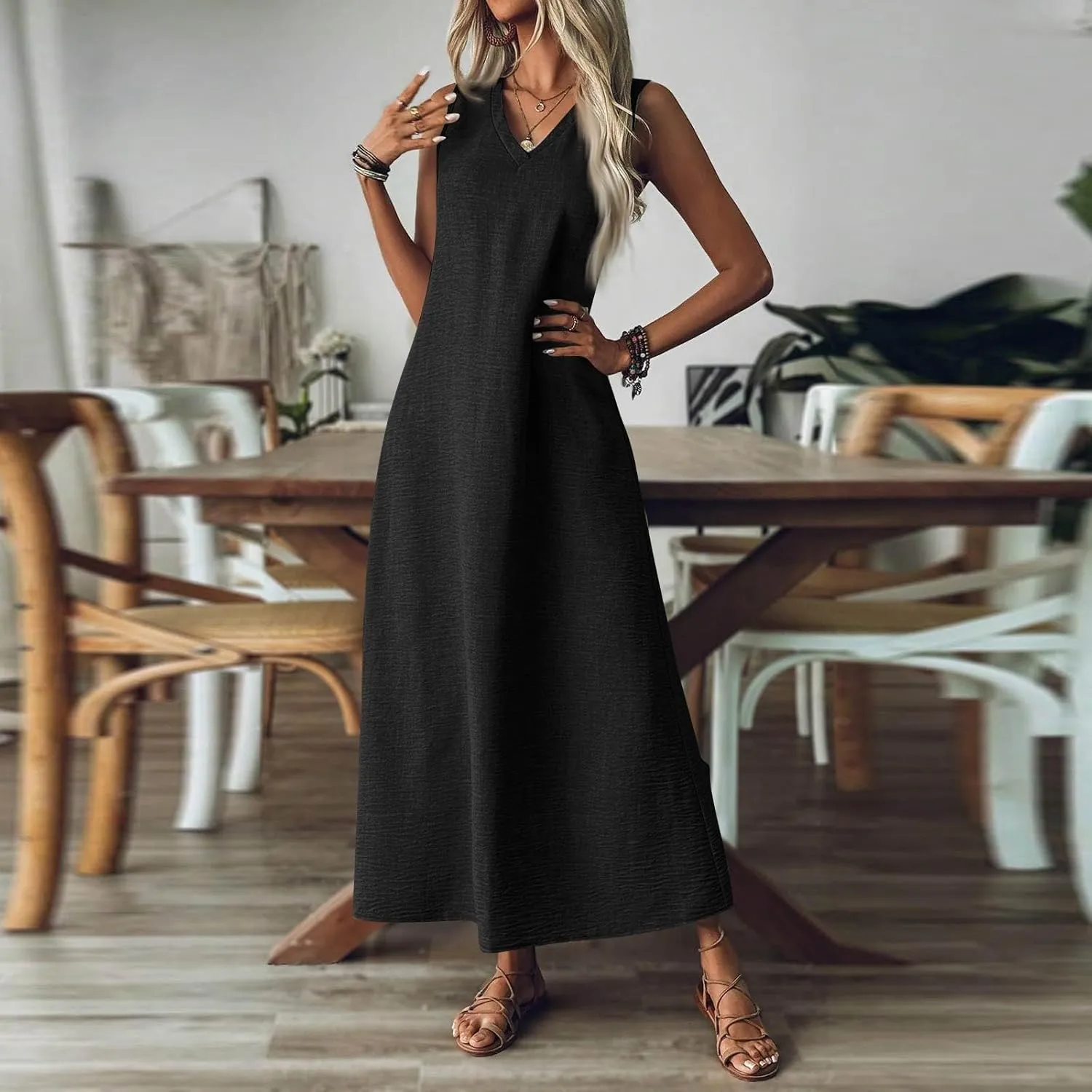 Cotton Linen Dresses for Women Summer Casual Loose V Neck Sleeveless Sundress,Flowy Swing Maxi Beach Vacation Dress