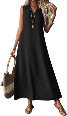 Cotton Linen Dresses for Women Summer Casual Loose V Neck Sleeveless Sundress,Flowy Swing Maxi Beach Vacation Dress