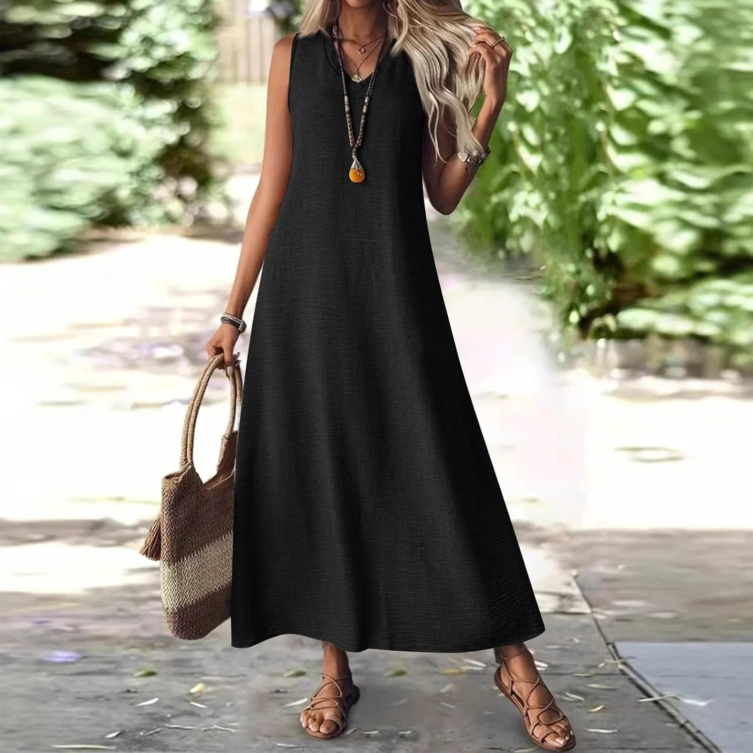Cotton Linen Dresses for Women Summer Casual Loose V Neck Sleeveless Sundress,Flowy Swing Maxi Beach Vacation Dress