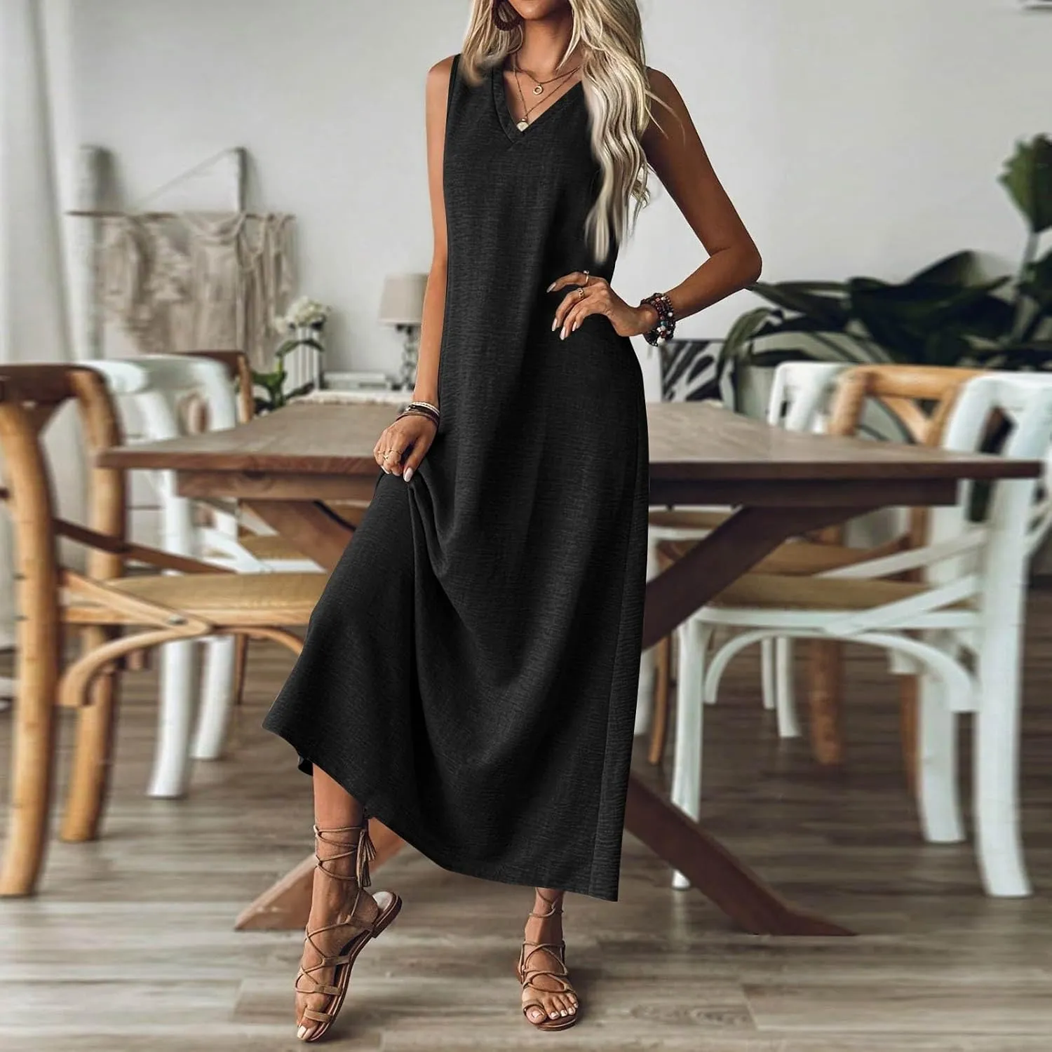 Cotton Linen Dresses for Women Summer Casual Loose V Neck Sleeveless Sundress,Flowy Swing Maxi Beach Vacation Dress