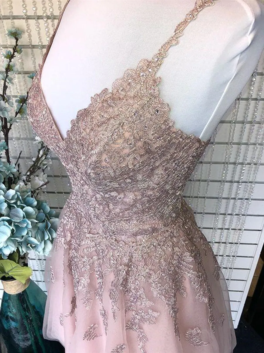 Cute A Line V Neck Backless Short Pink Lace Prom, Backless Pink Lace Formal Graduation Homecoming