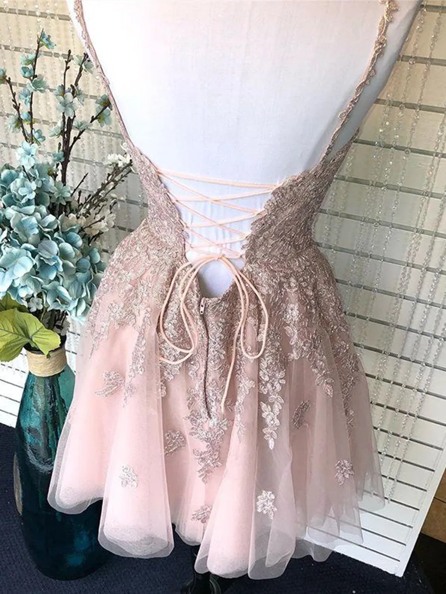 Cute A Line V Neck Backless Short Pink Lace Prom, Backless Pink Lace Formal Graduation Homecoming