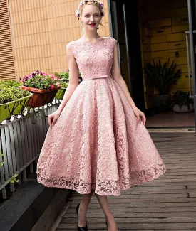 Cute Round-Neck Short Pink Lace Prom Dresses, Pink Lace Short Formal Dresses, Pink Lace Bridesmaid Dresses