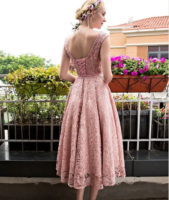 Cute Round-Neck Short Pink Lace Prom Dresses, Pink Lace Short Formal Dresses, Pink Lace Bridesmaid Dresses