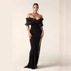 DEANWANGKT  Foreign Trade Independent Station European and American Evening Dress off-Shoulder Sexy Slit Dress Tube Top Solid Color Pleated Hip Skirt