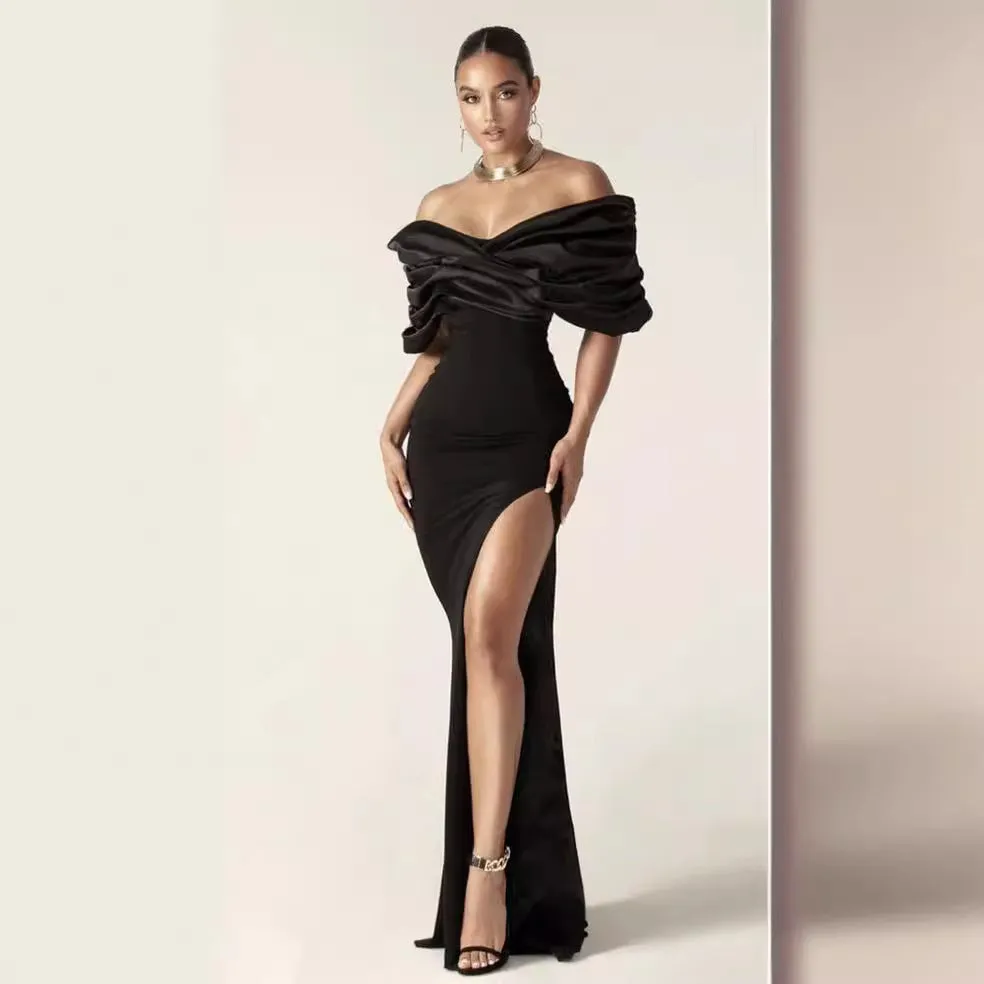 DEANWANGKT  Foreign Trade Independent Station European and American Evening Dress off-Shoulder Sexy Slit Dress Tube Top Solid Color Pleated Hip Skirt