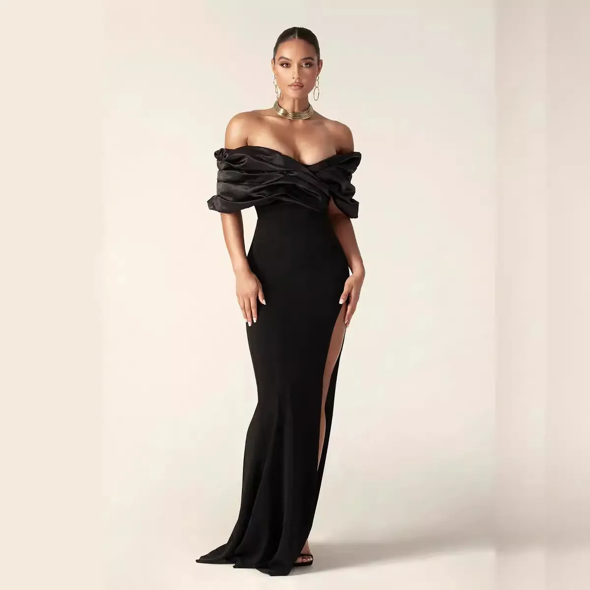 DEANWANGKT  Foreign Trade Independent Station European and American Evening Dress off-Shoulder Sexy Slit Dress Tube Top Solid Color Pleated Hip Skirt