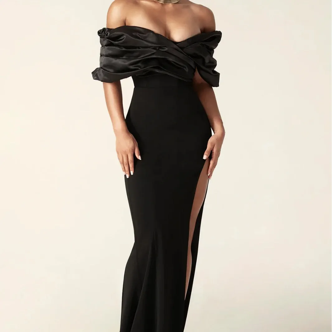 DEANWANGKT  Foreign Trade Independent Station European and American Evening Dress off-Shoulder Sexy Slit Dress Tube Top Solid Color Pleated Hip Skirt