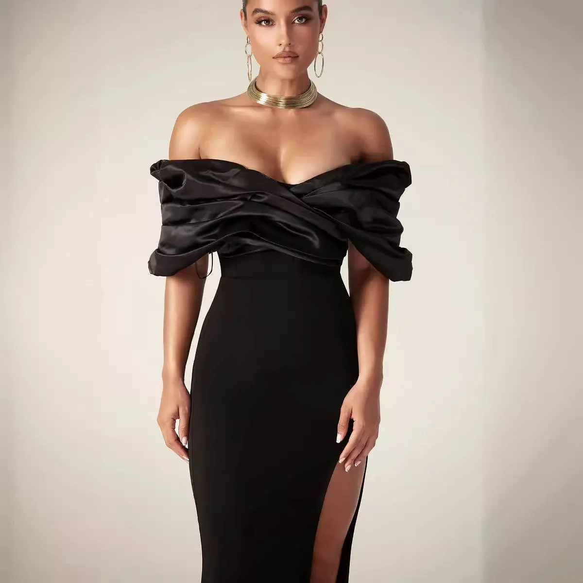 DEANWANGKT  Foreign Trade Independent Station European and American Evening Dress off-Shoulder Sexy Slit Dress Tube Top Solid Color Pleated Hip Skirt