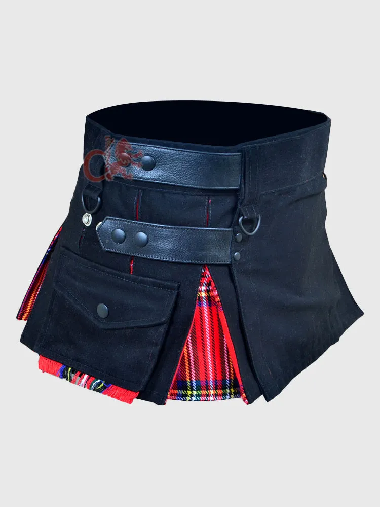 Deluxe Black and Royal Stewart Hybrid Kilt for Girls