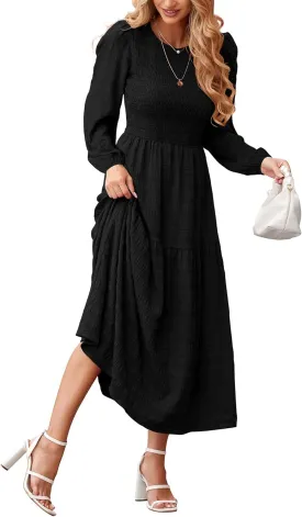 dowerme Women's Dresses 2025 Fall Puff Long Sleeve Crewneck Smocked Tiered Flowy A-Line Boho Wedding Party Maxi Dress