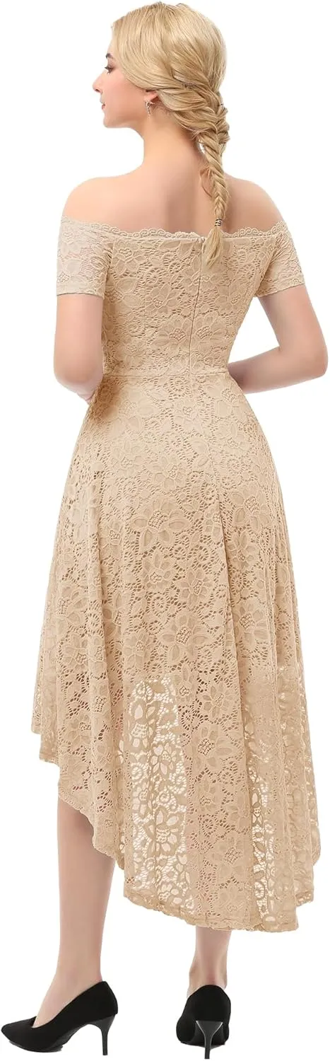 Dressystar Women's Lace Cocktail Dress Hi-Lo Off Shoulder Bridesmaid Swing Formal Party Dress