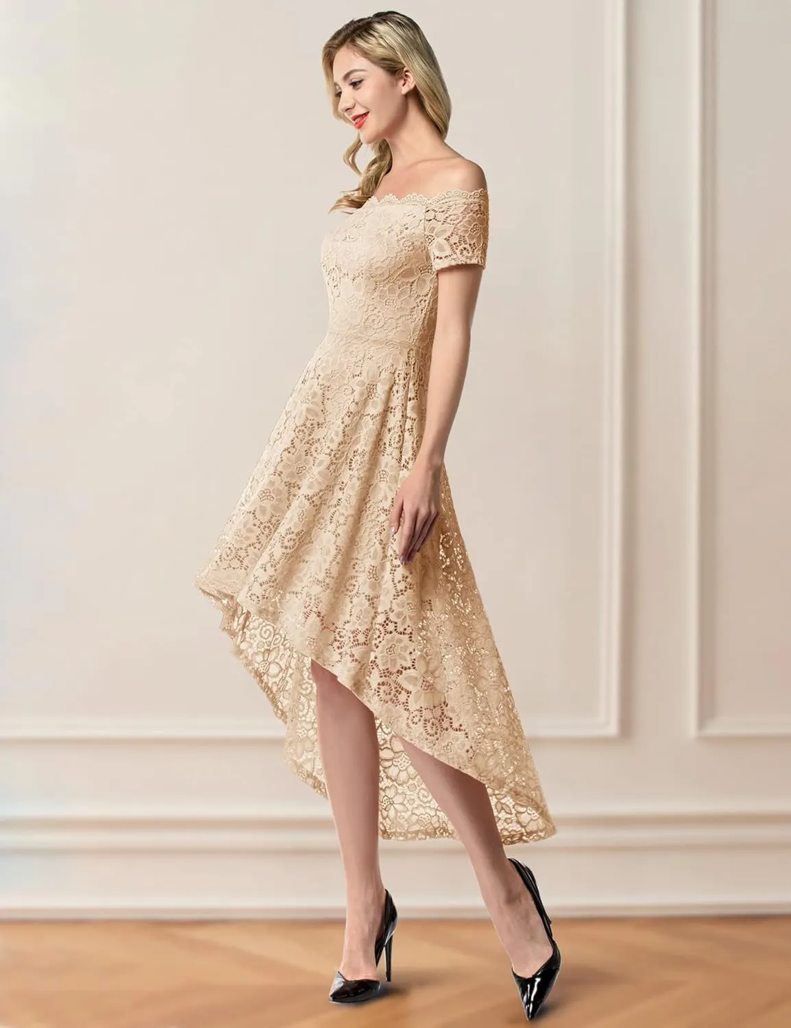 Dressystar Women's Lace Cocktail Dress Hi-Lo Off Shoulder Bridesmaid Swing Formal Party Dress