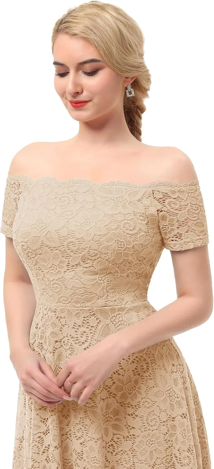 Dressystar Women's Lace Cocktail Dress Hi-Lo Off Shoulder Bridesmaid Swing Formal Party Dress