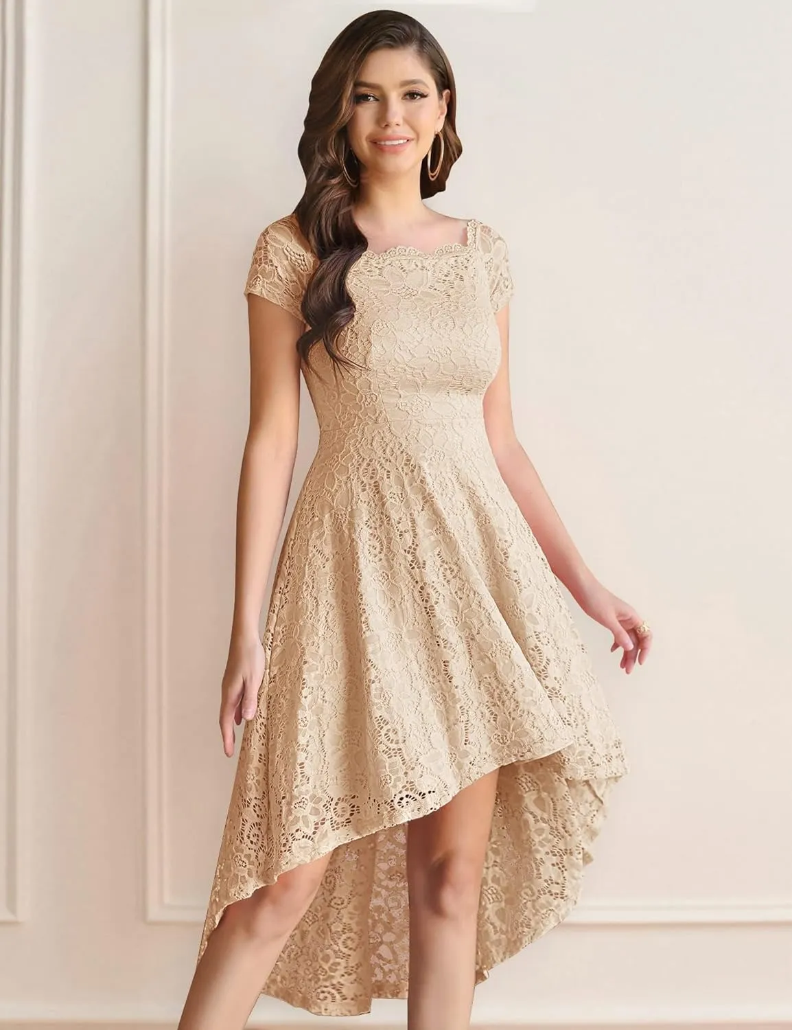 Dressystar Women's Lace Cocktail Dress Hi-Lo Off Shoulder Bridesmaid Swing Formal Party Dress