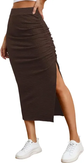 EARKOHA Pencil Midi Skirt for Women 2024 Fall Casual High Waist Ruched Ribbed Knit Stretchy Bodycon Skirt with Slit