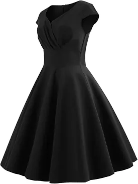 Elegant Midi Dresses for Women, V Neck Cap Sleeve Pleated Wrap Dress, Solid Color Vintage Cocktail Party Gowns
