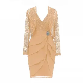 Elegant V-Neck Glitter Lace Mother of the Bride Dress with Jacket Applique Knee Length Chiffon Formal Evening Dress Mother Gowns