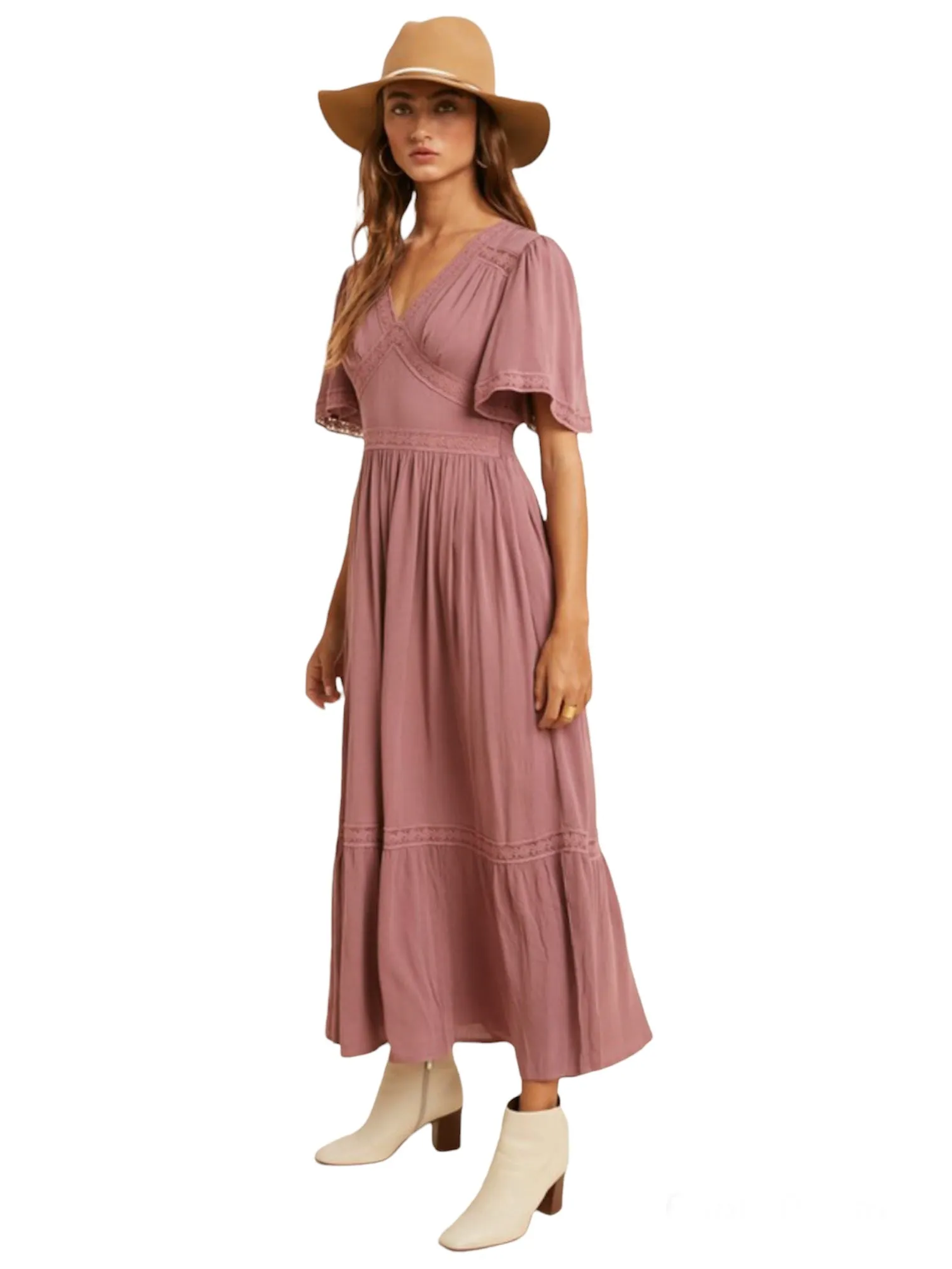 Elizabeth's Lacy Midi Dress- Mauve