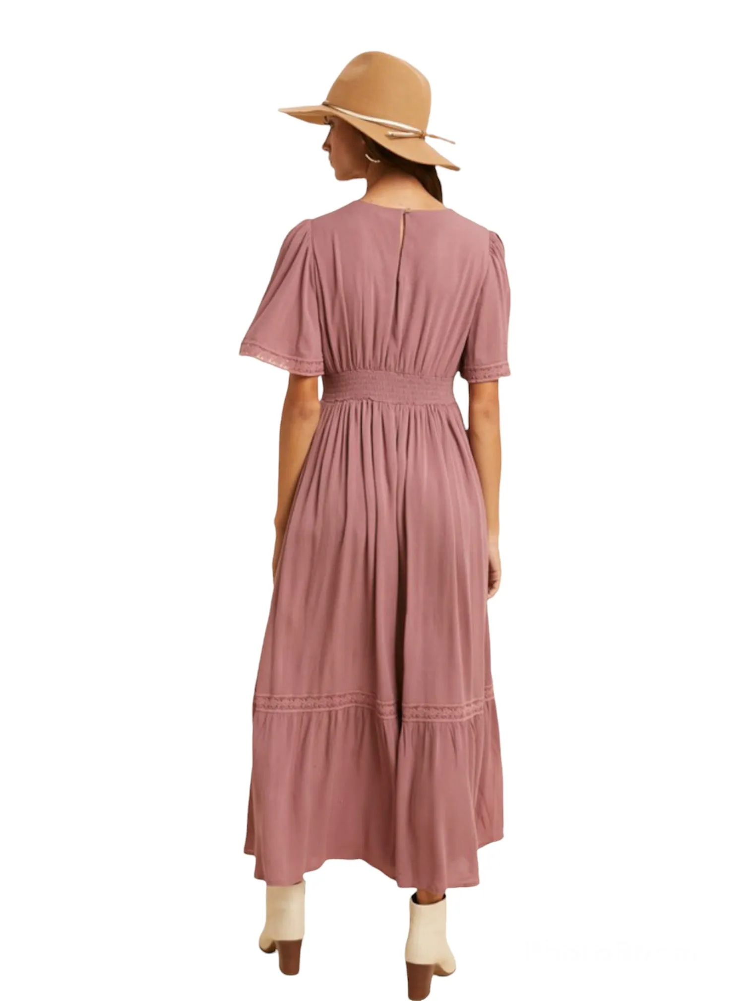Elizabeth's Lacy Midi Dress- Mauve