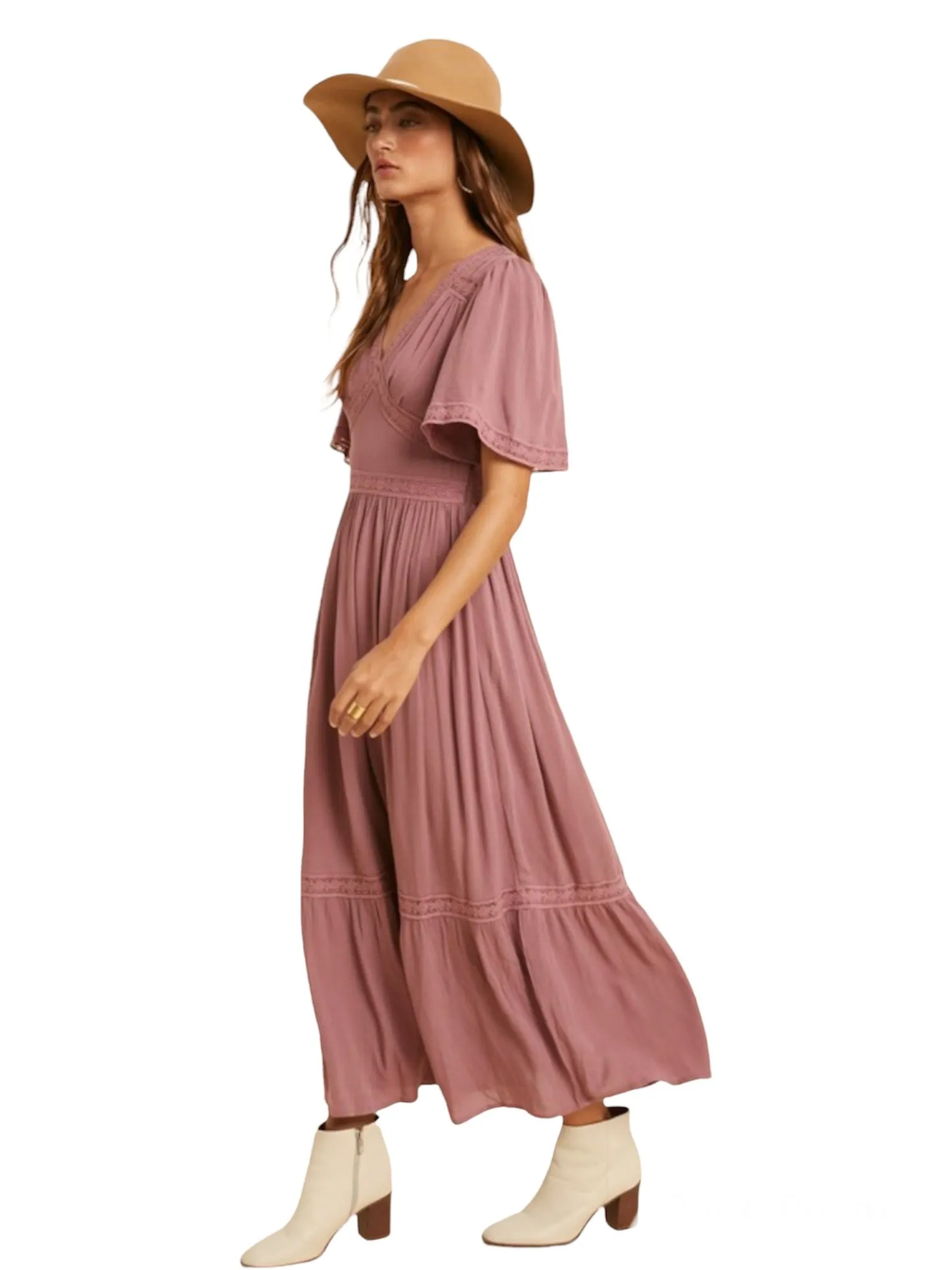 Elizabeth's Lacy Midi Dress- Mauve