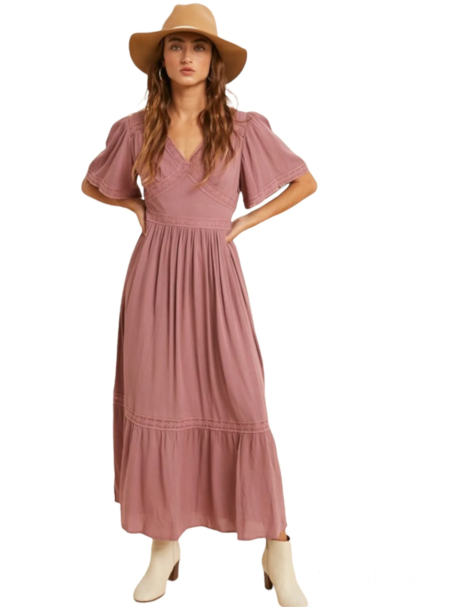 Elizabeth's Lacy Midi Dress- Mauve