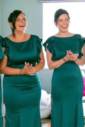 Emerald Green Satin Sheath Long Bridesmaid Dress