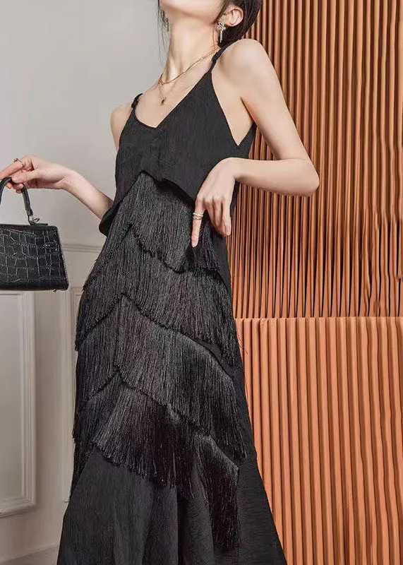 French Black Tasseled Vacation Strap Fishtail Dress Summer AJ1026