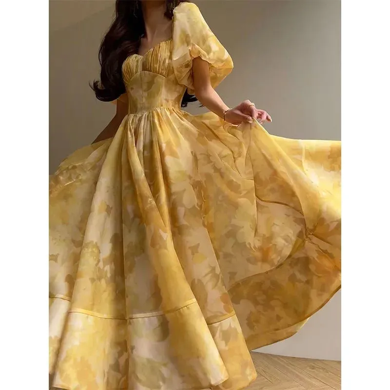 Girlary Printed Tea Break Skirt Waist-Tight Elegant Puff Sleeve Dress for Women