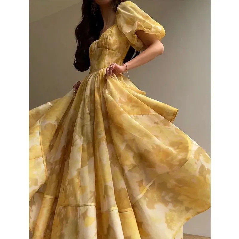 Girlary Printed Tea Break Skirt Waist-Tight Elegant Puff Sleeve Dress for Women