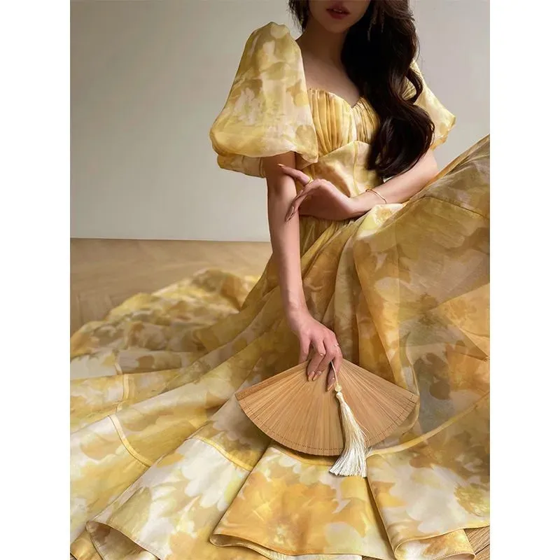 Girlary Printed Tea Break Skirt Waist-Tight Elegant Puff Sleeve Dress for Women